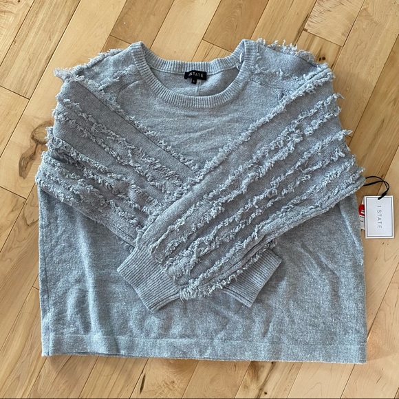 1.STATE fringe sleeve sweater silver heather L NWT - Picture 6 of 7